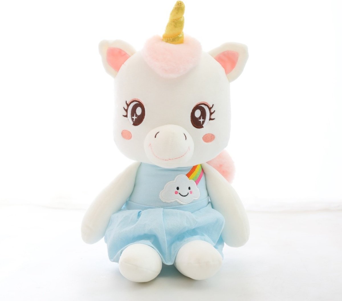 Zachte pluche Unicorn blauwe knuffel met blauw  jurkje met wolkje en regenboog & goudkleurige hoorn | Decoratie kinderkamer